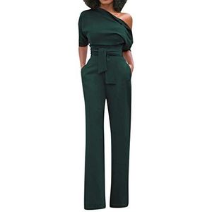 Vrouwen Sexy Solid Off Shoulder Korte Mouw met Riem Slanke Jumpsuit, Leger Groen, XL