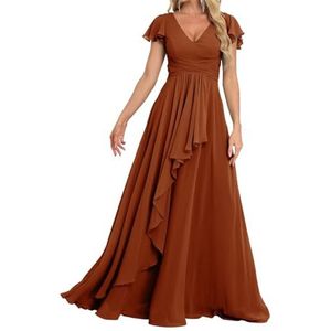 Prinses Bruidsmeisjes Jurken Flutter Mouw Galajurken Chiffon Formele Avondfeest Maxi Jurk met Split ZM189, Verbrand Oranje, 32