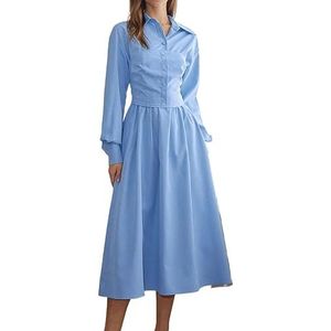 jurken voor dames Solide damesjurk met knopen aan de voorkant, ruches en wijde mouwen (Color : Blue, Size : X-Small)
