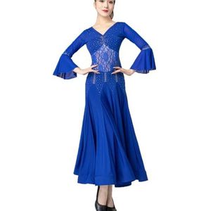 Yhsgscr Trompetmouw Ballroom Performance Kostuum V hals flamenco foxtrot grote swing rok Dames kanten moderne dansjurk Banketdanskleding,Blauw,L