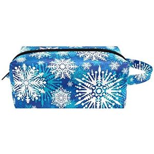 Make-up tas PU-leer,make-up tas voor op reis,blauwe kerst winter sneeuwvlok,Cosmetische organizer voor dames