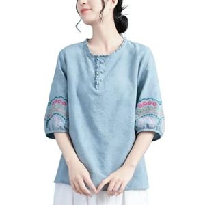 Dames Plus Size Retro Etnische Stijl Tops Ronde Hals 3/4 Mouwen Losse Shirts Chinese Stijl Jacquard Casual Blouse (Color : Blue, Size : L)