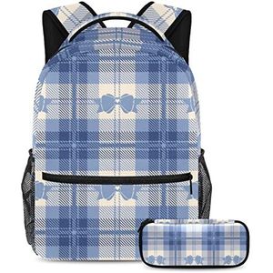 Blauwe vlinderdas rugzak met etui, 2 stuks Kid Schooltas Set voor Jongens Meisjes Tieners, Reizen Boek Tas voor Studenten, Meerkleurig, B：29.4x20x40cm P：19x7.5x3.8cm, Rugzakken