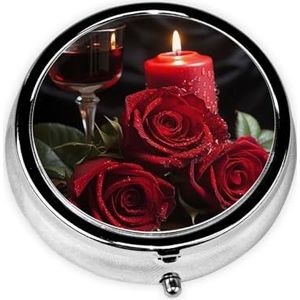 Rode roos en kaars bedrukte ronde pillendoos, klikdeksels, pillendoos voor reizen, mini draagbare pillenorganizer voor lange termijn om mee te nemen in zakken, portefeuilles, reizen, werk