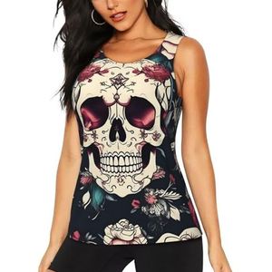 DKGOHLP Bloemen Schedel Sier Patroon Print Zomer Atletische Tank Top Yoga Running Wandelen Fitness Leuke Mouwloze Gym Tops, Zwart, S