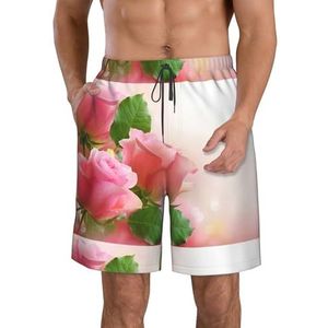 PHTZEZFC Roze rozen print strandshorts voor heren, lichtgewicht, sneldrogend, zwembroek met trekkoord en zakken, Wit, XL