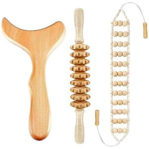 WYJTPONE Houttherapie Massage Gereedschap Kit - Hout Massage Roller, Touw Gereedschap, Gua Sha Board - Body Sculpting, Relax Spieren - Unisex