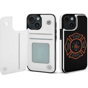 Rode Brandweer Badge Portemonnee Flip Case Voor iPhone 15/iPhone 15 Plus/iPhone 15 Pro/iPhone 15 Pro Max Stand Cover Met Kaartsleuven Houder