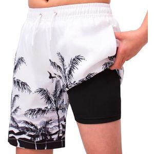 MEILONGER Zwembroek voor jongens, 2-in-1 zwemshorts voor kinderen, sneldrogend, boardshorts, badmode, zwembroek met compressie binnenbroek, verstelbaar trekkoord, 21001 + wit zwart, 176