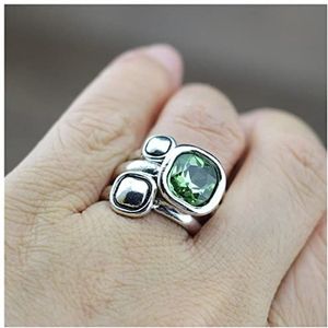 Ringen 3 stks/set modeontwerp elegante vrouwen vierkante kristal retro ring for vrouwelijke partij bruiloft 17mm diameter sieraden 925 Sterling Zilver Ring (Color : 7, Size : It Green)