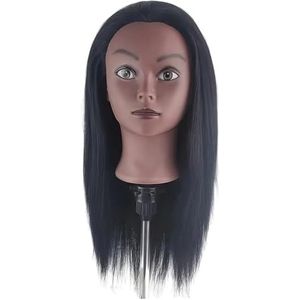 16-inch zwarte mannequinkop met synthetisch haar for vlechten, oefenmannequinkop standaard for haarstyling