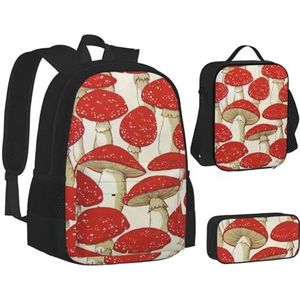 TRESILA Rugzak voor kinderen, jongens, meisjes, duurzame polyester schooltas, rugzak, boekentas met lunchtas en etui (3-in-1 rugzakset) /rood-witte paddenstoel, Rode witte paddenstoel, Eén maat