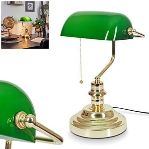 Tafellamp Havsta, tafellamp van metaal en glas in messing/groen, lamp in vintage design met glazen kap en een snoer met schakelaar, 1 lamp, 1 x E27, zonder gloeilamp