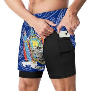 Paisley New York State Flag Grappige Zwembroek met Compressie Liner & Pocket Voor Mannen Board Zwemmen Sport Shorts
