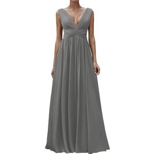 Diepe V-hals Prinses Bruidsmeisjes Jurken Chiffon Galajurken met Split Formele Avondjurk ZM195, Grijs, 32
