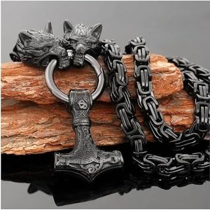 Herenwolven Hoofd Zwarte King -ketting met zwarte Mjolnir, Viking Thor's hamer roestvrijstalen Keltische knoop totem hanger ketting, Noordse Odin Pagan amulet sieraden (Style : 60CM)