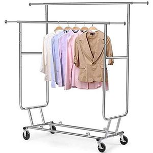 Yaheetech Industriële kledingrek op wieltjes, 130 kg, stabiel, 2 kledingstangen, wasrek, lang verstelbaar, in hoogte verstelbaar, inklapbaar