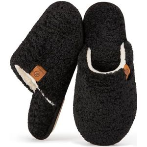 EverFoams Fuzzy Instappers voor dames, warme gezellige zachte lichtgewicht traagschuim binnenhuisschoenen, Zwart, 7-8