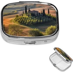 Pillendoos Reizen Pillendoos met 2 Compartimenten Kleine Pillenetui voor Portemonnee & Pocket Draagbare Geneeskunde Organizer Toscane Landschap Boom Landschap Boerderij Leuke Ronde Pillencontainer