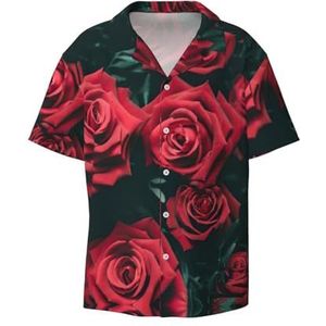 YJxoZH Rode Rose Print Heren Jurk Shirts Casual Button Down Korte Mouw Zomer Strand Shirt Vakantie Shirts, Zwart, M