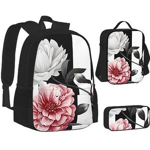 BTCOWZRV 3 Pack Canvas Zwart Wit Gestreepte Bloemen Rugzak, Schoudertas voor Vrouwen Mannen, met Lunchbox Potlood Case