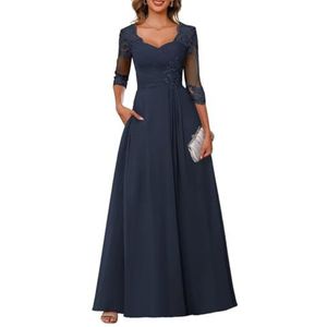 Dames chiffon moeder van de bruid jurk voor bruiloft ruches galajurken cocktailjurk plus size, Donkerblauw, 32