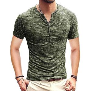 FANSU Heren T-shirt met korte mouwen, zomer, enkele knoop, V-hals, knoopsluiting, eenvoudige overhemden, casual fit, strand, comfortabel, ademend, groen, L