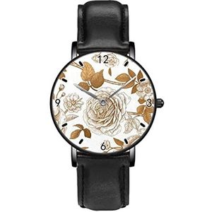 Gouden Tuin Bloemen Bladeren Takken Persoonlijkheid Business Casual Horloges Mannen Vrouwen Quartz Analoge Horloges, Zwart