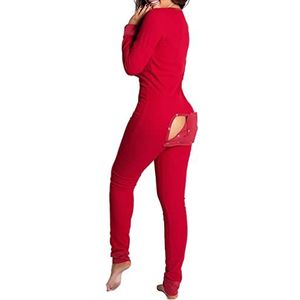 Guiran Damespyjama uit één stuk met diepe V-hals, knoopsluiting, overall, pyjama, turnpakje, jumpsuit, Rood, L