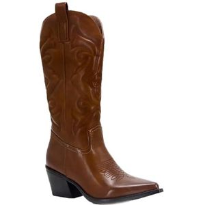 Lmtossey Metallic cowboylaarzen voor dames, westernlaarzen, winter, rits, geborduurde spitse neus, hoge hakken, Bruin, 39 EU