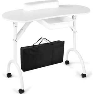 Draagbare en opvouwbare manicuretafel, nagelwerkstation met 4 vergrendelbare wielen, polssteun voor klanten, gratis draagtas voor thuis, op reis of in de schoonheidssalon.,White a