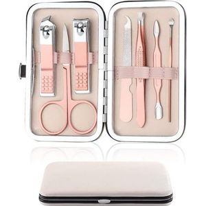 Nagelknipper Manicure Set, 7 In 1 Roestvrij Staal Professionele Pedicure Kit Nagelschaar Grooming Kit met Zwart PU Lederen Case voor Reizen & Thuis Gebruik (Roze Leer)