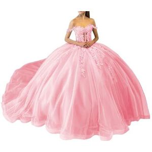 Sprankelende pailletten Quinceanera Jurken Kant Off Shoulder Pageant Jassen met Trein Prinses Gezwollen Tule Baljurk, roze, 44