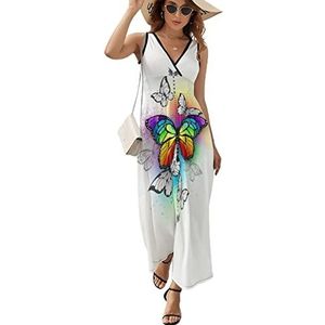 Regenboog vlinder dames lange jurk mouwloze maxi-jurk zonnejurk strand feestjurken avondjurk XL