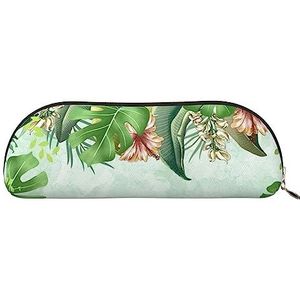 NGANOH Strand Zonsondergang Lederen Half Ronde Opbergtas Dubbele Rits Grote Make Up Cosmetische Pen Potlood Briefpapier Opslag Pouch Tas Case, Turquoise groene bladeren, Eén maat, Dasje