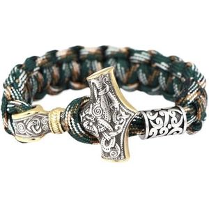 Viking Paracord Mjolnir Armband - Heren Dames Roestvrij Staal Thor's Hammer Gevlochten Touw Wikkelarmband - Handgemaakte Noordse Vintage Kraal Amulet Polsband Pagan Sieraden (Color : Gold_19CM)