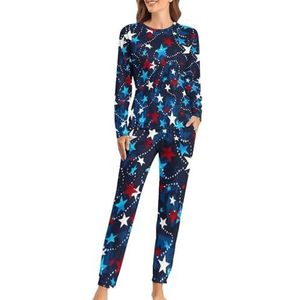 USA Rood Wit Blauw Sterren Zachte Dames Pyjama Lange Mouw Warm Fit Pyjama Loungewear Sets met Zakken XL