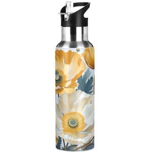 Gele klaprozen bloem sport waterfles geïsoleerde roestvrijstalen grote vacuümfles lekvrije thermoskan met rietje voor reizen (600 ml/1000 ml)