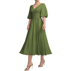 HPPEE Damesjurk voor dames, lange jurk voor moeder van de bruid met kant, applicatie, pofmouwen, chiffon, formele avondjurk, Olijf, 32