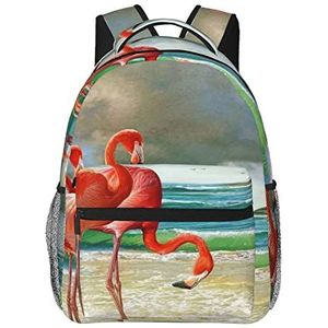 WOWBED Flamingo's op het strand casual rugzak bedrukte rugzak, mode klassieke laptoptas, reizen werk camping wandelen, Zwart, One Size