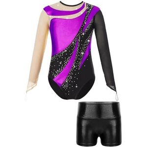 YDYAENIO Turnpakjes voor meisjes en meisjes, balletdanspak, mesh, lange mouwen, keyhole rug, glanzend turnpakje met metallic shorts, ritmische gymnastiek jumpsuits, Kleur3, 8 Years