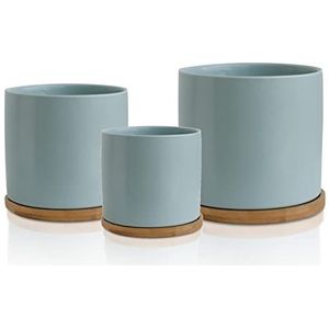 Olly & Rose Set 3 keramische plantenpotten met bamboe onderzetters pastelblauwe indoor plantenbakken blauwe pot set keramische bloempotten containers buiten groot, medium, klein met schotels