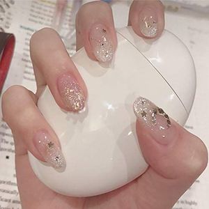 Coffin False Nails Short Oval Fake Nails Moon Sequins Acrylic Stick on Nails Full Cover Press on Nails 24pcs for Women and Girls(Silver)