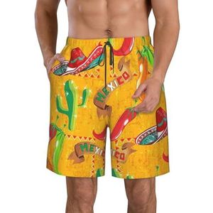 FRGMNT Auto's Patroon Print Mannen Sneldrogende Zwemmen Shorts Strand Korte Board Spa Trunks Stretchy Gym Shorts Surfen Korte, Cactus Hoed en Chili Peper, 3XL