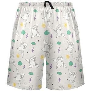 LI ZHI XIN Herenpyjamabroek, korte pyjamabroek, zomer casual shorts, elastische tailleband met trekkoord, rechte losse pasvorm met 2 zakken, S-XXL schattige vogelwolken, Meerkleurig, S