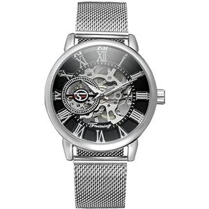 Gosasa Unieke Mens Automatische Horloge Transparante Horloge Dial Hollow Skelet Silver Tone Mesh Band Watch, Zilver Zwart, Automatisch Horloge