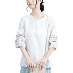 Dames Plus Size Retro Etnische Stijl Tops Ronde Hals 3/4 Mouwen Losse Shirts Chinese Stijl Jacquard Casual Blouse (Color : White, Size : XXL)