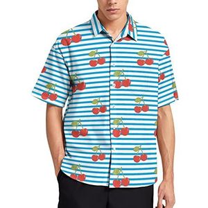Kersenpatroon met blauwe strepen Hawaiiaans shirt voor mannen zomer strand casual korte mouw button down shirts met zak