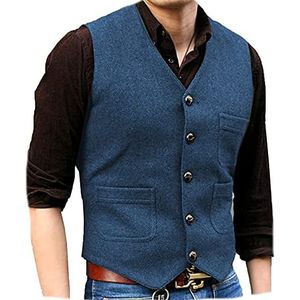 Heren V-hals Wol Visgraat Tweed Casual Pak Vest Retro gilet voor smokings(Small, Blauw)