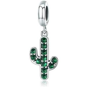 Armbanden 925 Zilver Sterke Cactus Glinsterende Groene Cz Hanger Charm Fit Vrouwen Bedelarmband Diy Sieraden